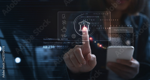 Digital banking, internet payment, online shopping, FinTech financial technology concept. Woman using mobile phone and credit card paying, e-transaction via mobile banking app for online shopping
