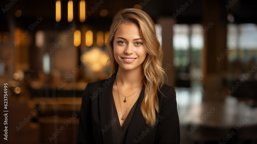 Hübsche blonde Geschäftsfrau im Hotel und Lokal Bereich lächelt freundlich Porträt, ai generatv, Hübsche blonde Geschäftsfrau im Hotel und Lokal Bereich lächelt freundlich Porträt, ai generatv,