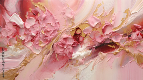 Abstract oil painting of pink swirls with addition of white and gold colors.