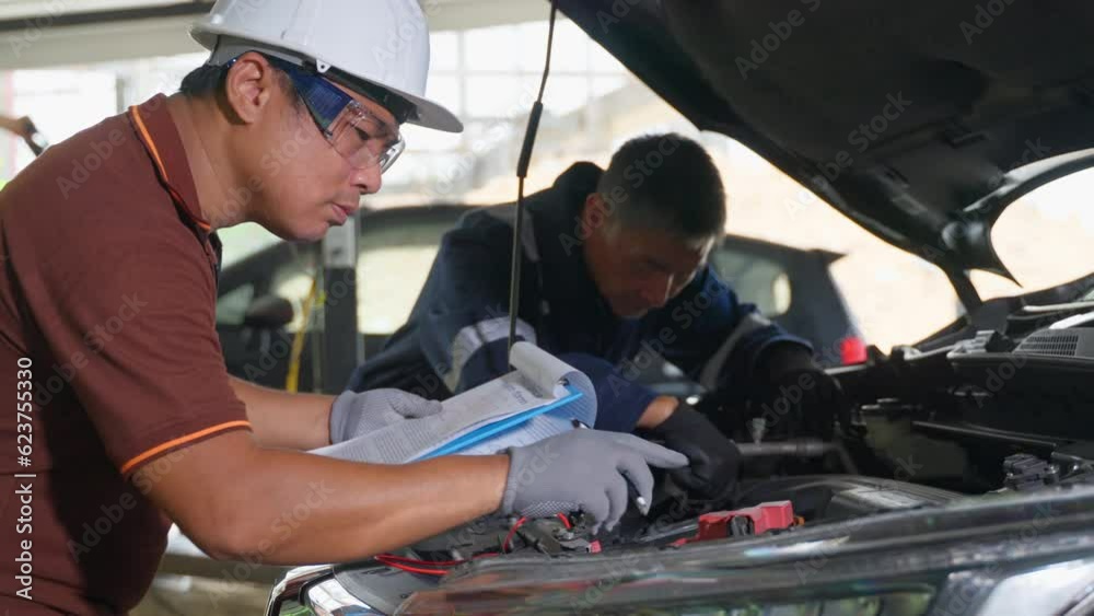 2 auto mechanics working and checking the repair work on a car at a car garage 2 auto mechanics working and checking the repair work on a car at a car garage