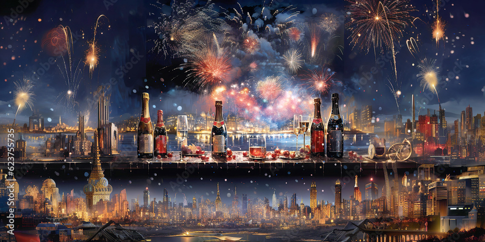 New Year celebration with champagne and fireworks with city panorama. Happy New Year 2024 greeting card with copy space. AI generated.
