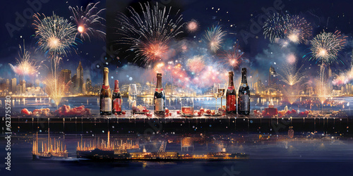 New Year celebration with champagne and fireworks with city panorama. Happy New Year 2024 greeting card with copy space. AI generated. © Czintos Ödön