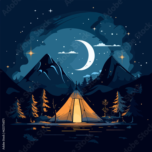 Night camp site under the starry sky flat design