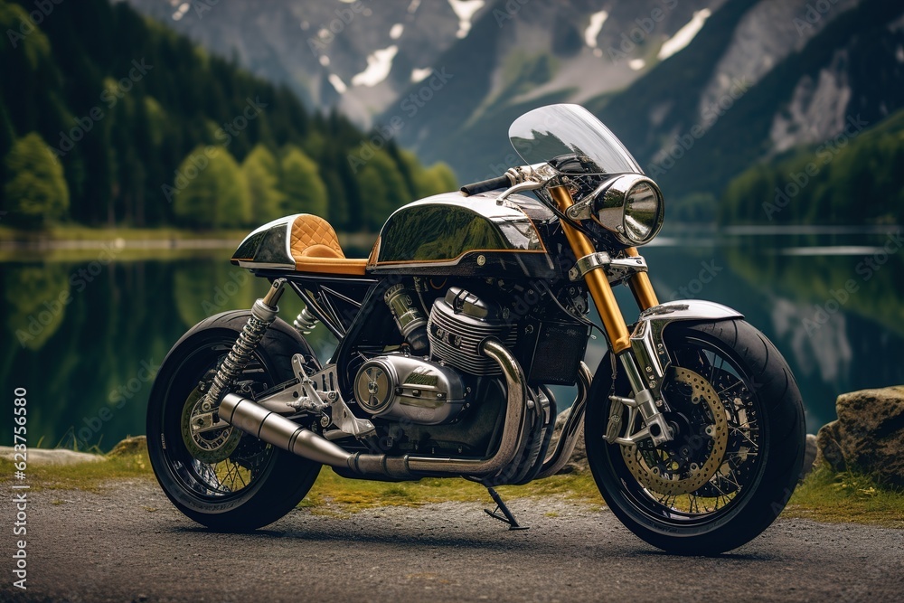 Obraz premium motorcycle on background of mountains.