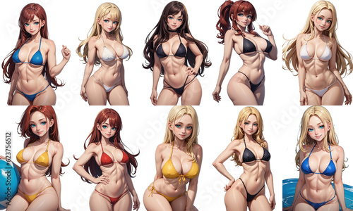  Set of Cute sexy woman in bikini swimsuit. Collection of png illustrations, isolated transparent background anime style cartoon collage