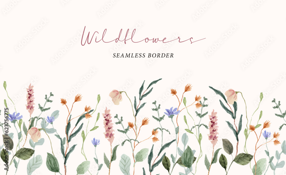 beautiful wildflower watercolor seamless border - obrazy, fototapety, plakaty 
