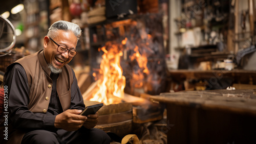 Arabische älterer Mann lacht am Kamin und macht einen Video Chat als Porträt, ai generativ