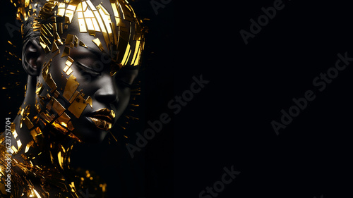 Afroamerikanisches Model Gesicht mit Gold Taping Mosaik Muster im Gesicht Nahaufnahme, ai generativ