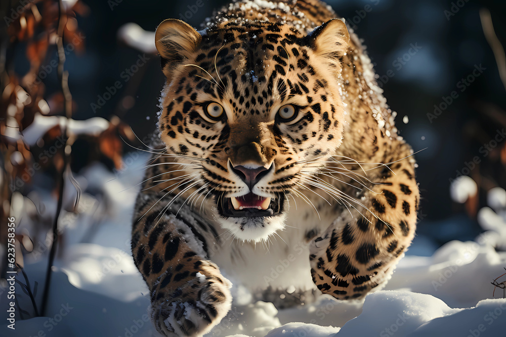 Leopard leaping gracefully through the air in a snowy forest Leopard leaping gracefully through the air in a snowy forest