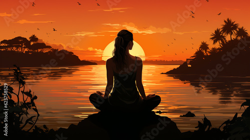 Silhouette of a woman practicing yoga on a beautiful sunset, healthy living, breathing and meditation