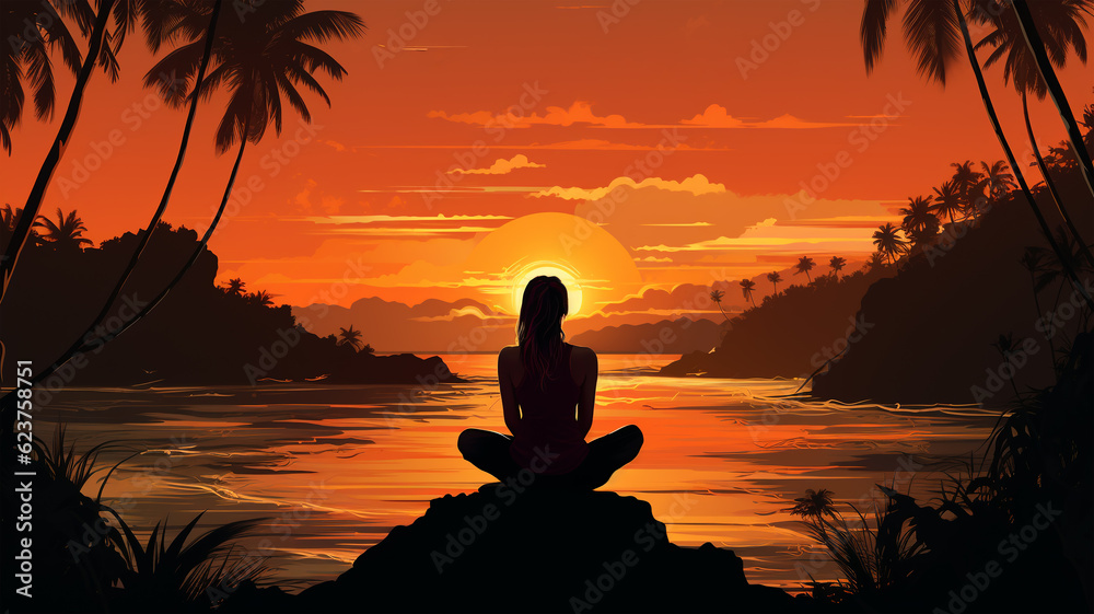 Silhouette of a woman practicing yoga on a beautiful sunset, healthy living, breathing and meditation