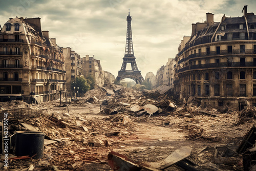 eiffel tower in destroyed city