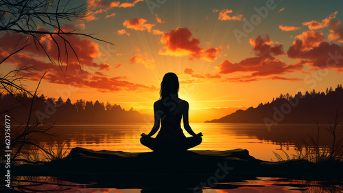 Silhouette of a woman practicing yoga on a beautiful sunset  healthy living  breathing and meditation