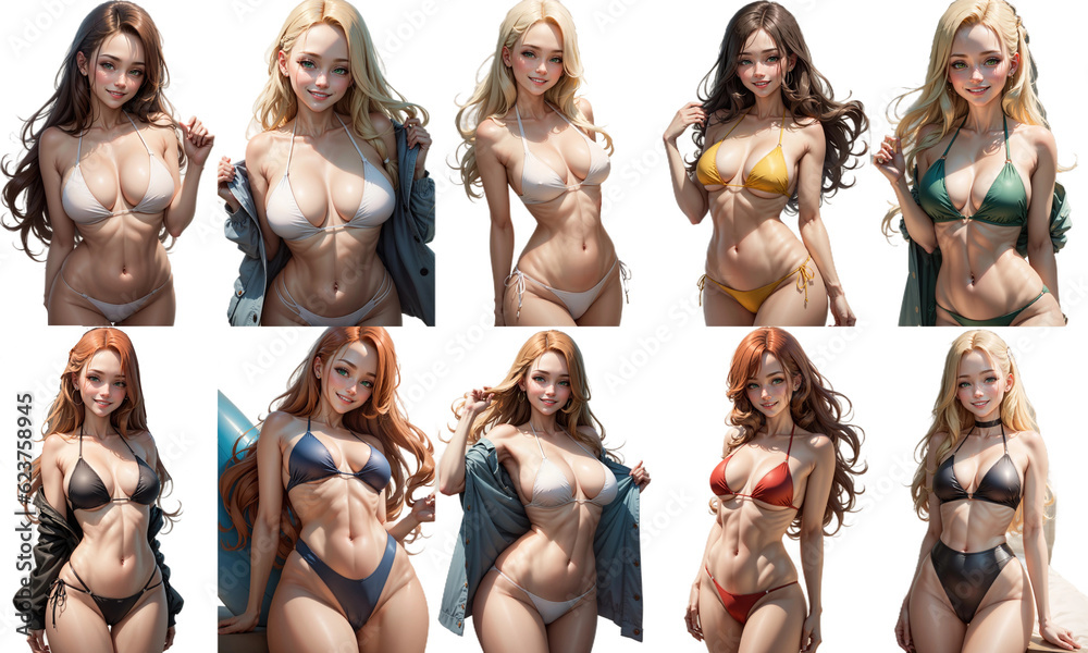  Set of Cute sexy woman in bikini swimsuit. Collection of png illustrations, isolated transparent background anime style cartoon collage - obrazy, fototapety, plakaty 