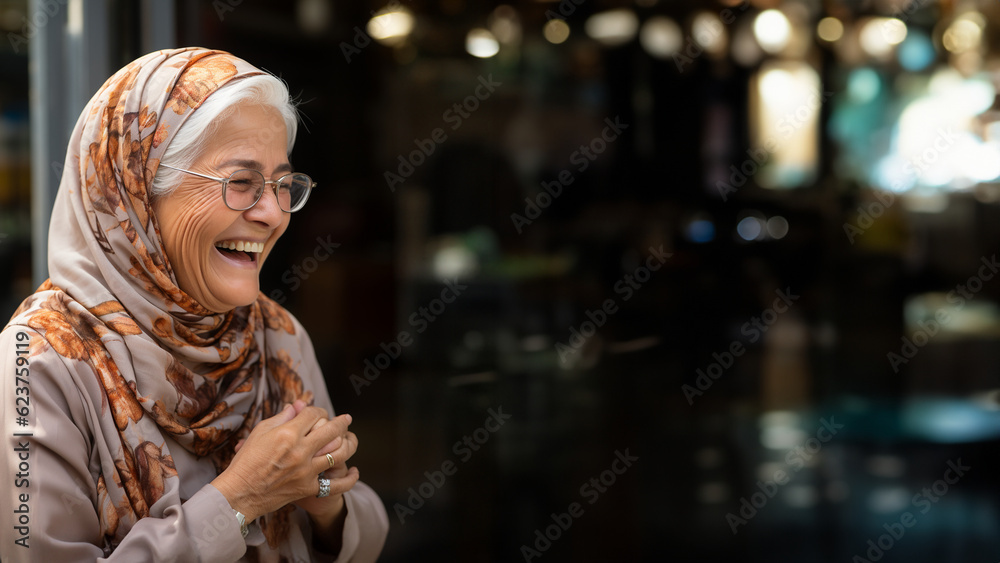 Ältere arabische Frau Gesicht mit einem hijab hidschäb unhüllt porträt, ai generativ