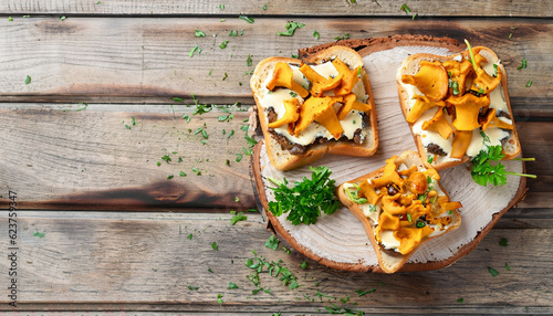 Chanterelle sandwiches with cheese. Open faced sandwich with creamy cheese  seasonings and pepper and fresh parsley on an old wooden background. Mock up. Top view.