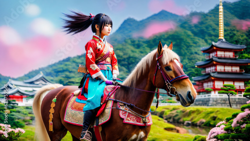 A japanese girl wearing kimono riding on a warhorse. Generative AI
