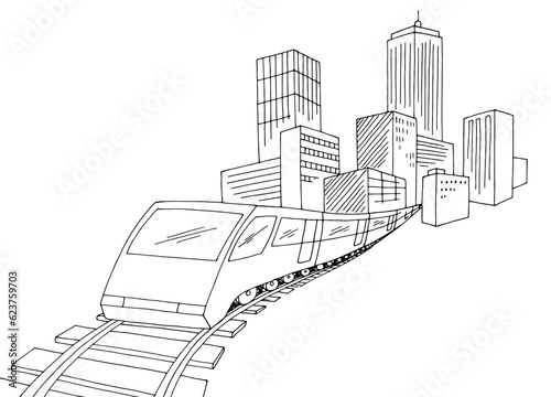 Train railroad from the city graphic black white landscape sketch illustration vector
