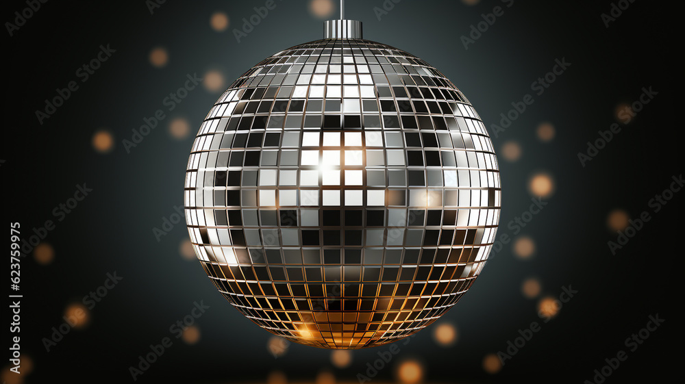 Obraz premium silberne Spiegel Discokugel mit Lichtern und Lichteffekten. Querformat. Generative Ai.