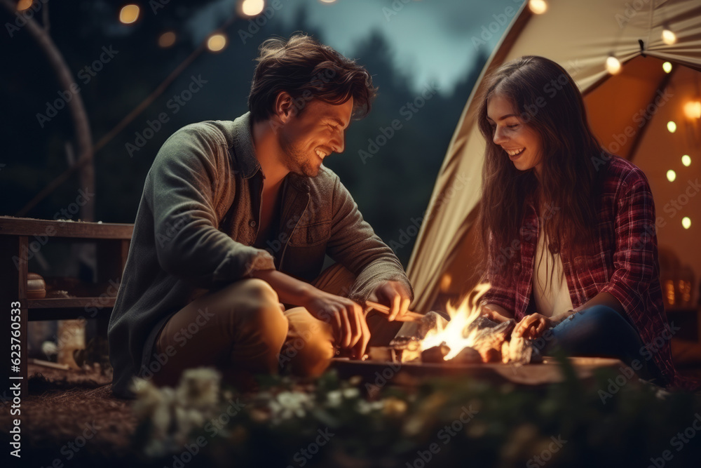 a man and a woman are sitting near a campfire and a tent in nature. having fun. smiling. travel concept. generative ai.