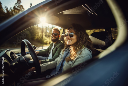 a man and a woman go on a trip in a car. having fun. smiling. travel concept. generative ai. photo