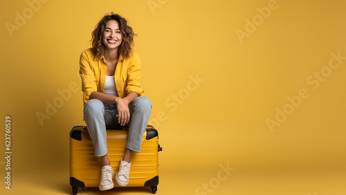 Frau in Jeans sitzt auf dem Koffer wartet und lacht, ai generativ photo