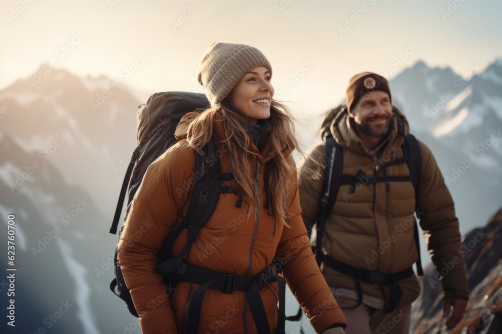 a girl and a man in mountain gear on top of a mountain. travel concept. generative ai.