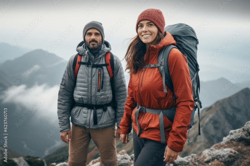 a girl and a man in mountain gear on top of a mountain. travel concept. generative ai.