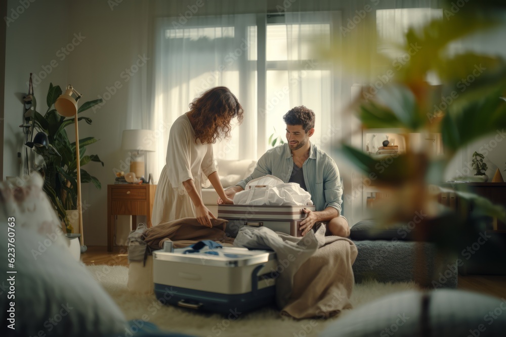 a girl and a man pack suitcases for a trip in the morning light. fun. travel concept. generative ai.