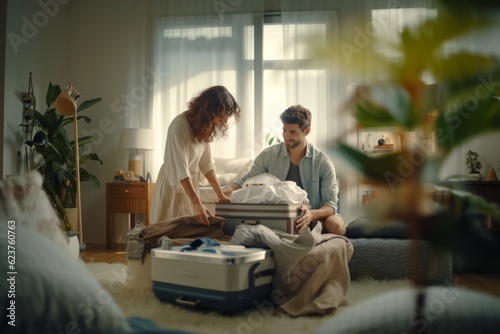Obraz na płótnie a girl and a man pack suitcases for a trip in the morning light. fun. travel concept. generative ai. w salonie