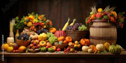 A Table Adorned with Abundant Vegetables and Fruits - Embracing the Joy of Harvest Festival and Thanksgiving - Vibrant and Festive Atmosphere Generative AI Digital Illustration