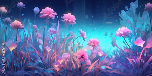 AI Generated. AI Generative. Violet purple blue pink flowers plant foilage meadow field of bloom wild beautiful decoration landscape background. Graphic Art © AkimD