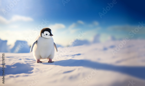 Super cute penguin on winter landscape, snowy winter wonderland, Emperor Penguin with copy space © annebel146