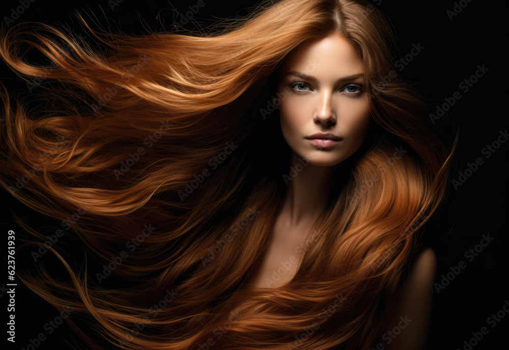 Obraz premium Young woman with long hair being blown by the wind on a black background. Generative AI.
