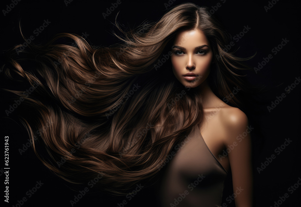 Young woman with long hair being blown by the wind on a black background. Generative AI. Young woman with long hair being blown by the wind on a black background. Generative AI.