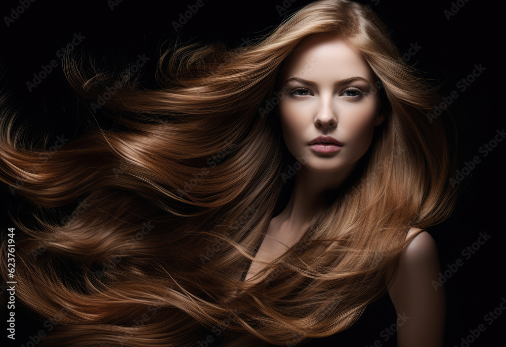 Obraz premium Young woman with long hair being blown by the wind on a black background. Generative AI.