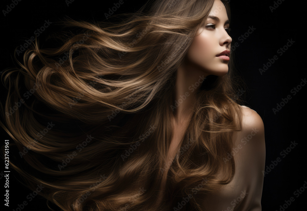 Obraz premium Young woman with long hair being blown by the wind on a black background. Generative AI.