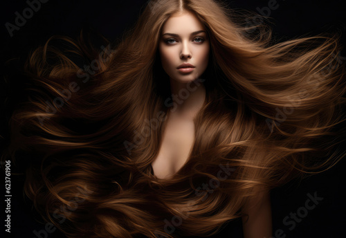 Young woman with long hair being blown by the wind on a black background. Generative AI.