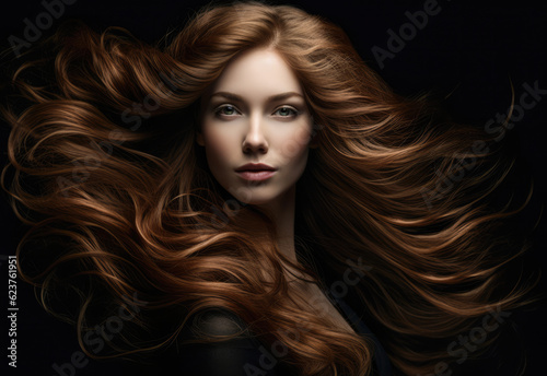 Young woman with long hair being blown by the wind on a black background. Generative AI.