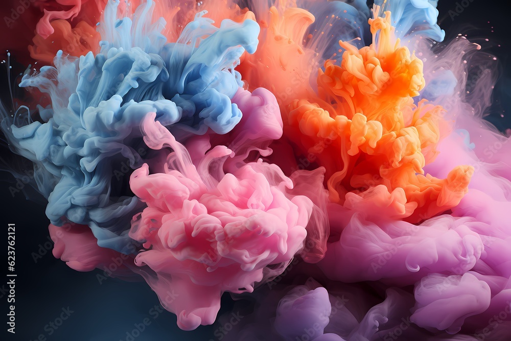 Obraz premium Puffs of pink smoke in front of a blue background stock photo, in the style of bold color blobs, resin, juxtaposed imagery, realistic hyper - detail