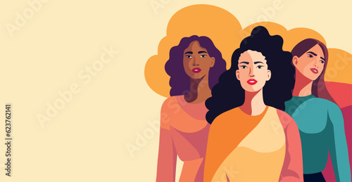 Vector flat horizontal banner of woman for International Women's Day, strong women of different cultures and nationalities stand together. Vector concept of movement for gender equality and women