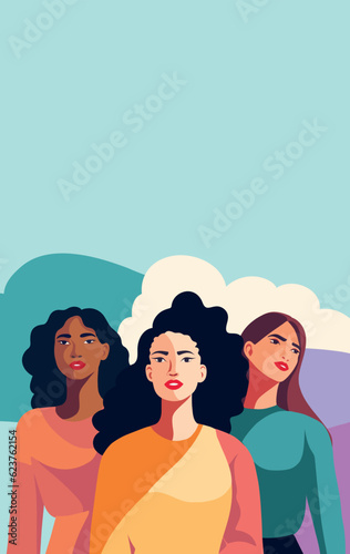 Vector flat vertical banner of woman for International Women's Day, strong women of different cultures and nationalities stand together. Vector concept of movement for gender equality and women