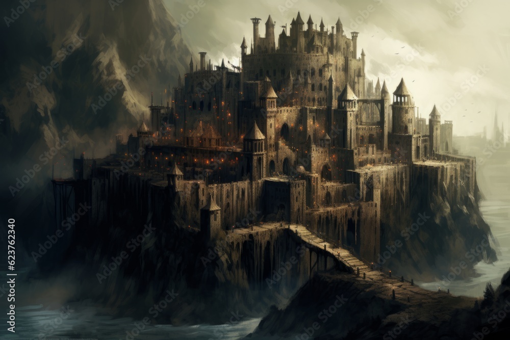 ファンタジー風の暗い雰囲気の城：AI作品

