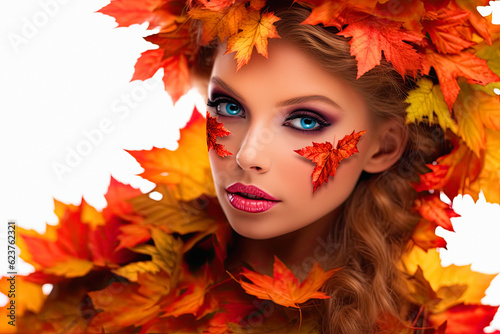 Woman Portrait with autum leaves outfits in natural vivid autumn colors. ai generative