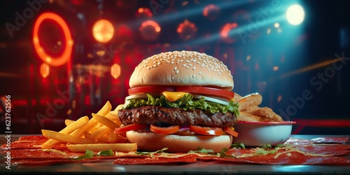 AI Generated. AI Generative. Fast food hamburger burger cheeseburger sandwich fresh fastfood menu restaurant decoration background. Graphic Art