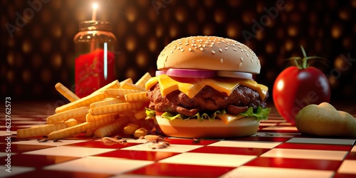 AI Generated. AI Generative. Fast food hamburger burger cheeseburger sandwich fresh fastfood menu restaurant decoration background.  Graphic Art