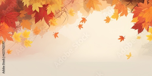 seasonal Background with Long Horizontal Border of Falling Golden  Red  and Orange Colored Leaves - Welcoming the Arrival of Autumn   Generative AI Digital Illustration