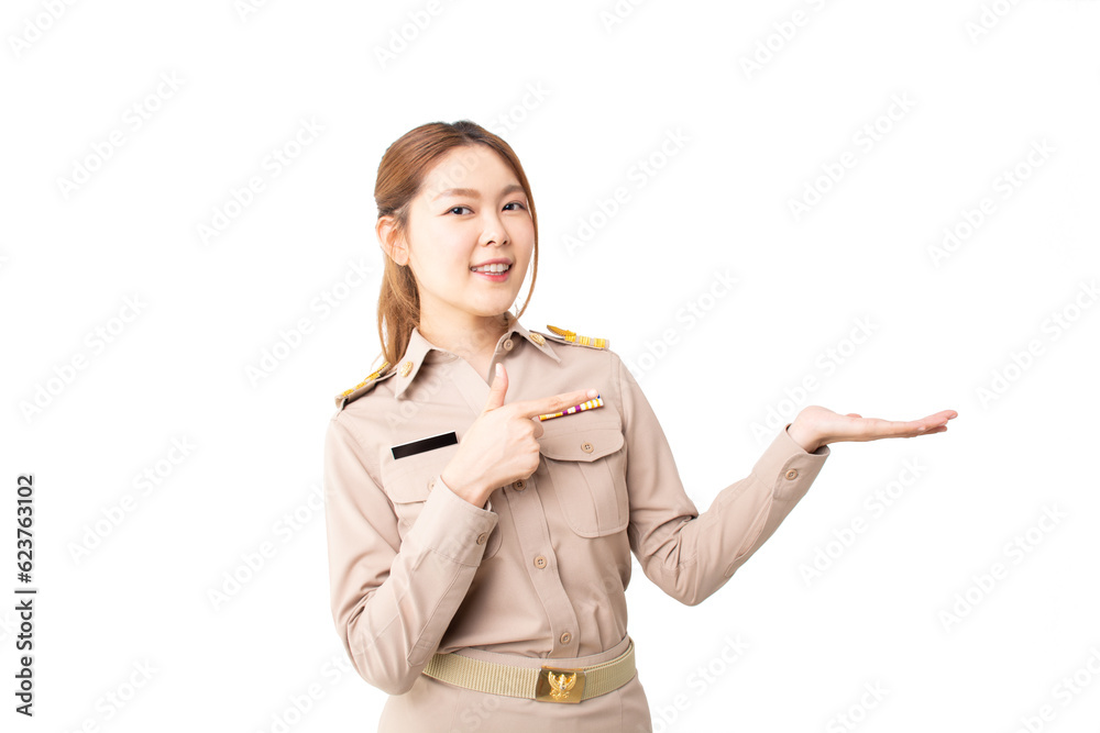 Female Thai government officer in khaki uniforms showing empty copy space for product, text or message on over isolated white background. Concept of advertising, product, sale promotion, presentation. Female Thai government officer in khaki uniforms showing empty copy space for product, text or message on over isolated white background. Concept of advertising, product, sale promotion, presentation.