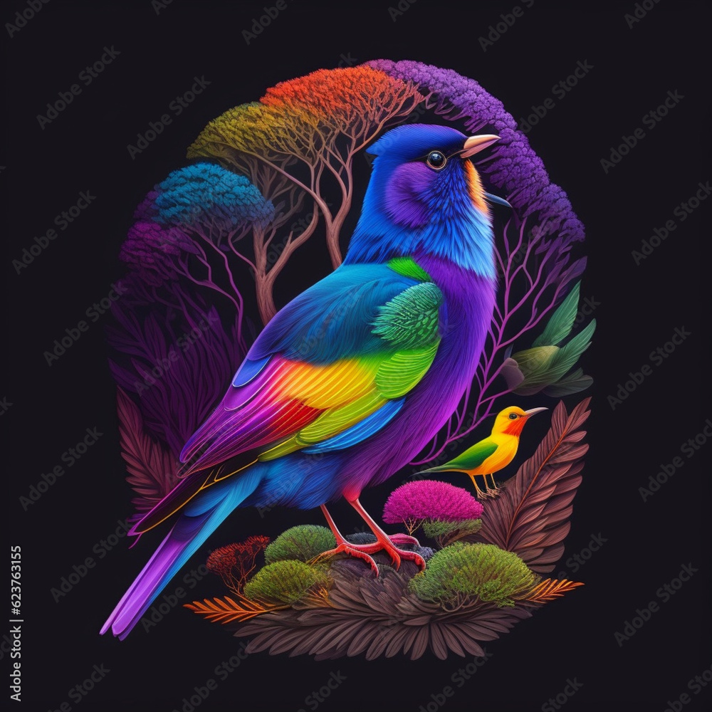 Obraz premium 3D Beautiful colorful birds and flowers on pale black paper concept art illustrations.