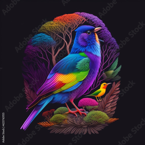 3D Beautiful colorful birds and flowers on pale black paper concept art illustrations. © Ranakumar